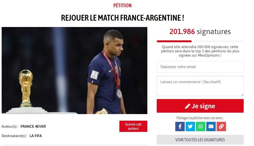 法媒:20万法国人请愿重踢世界杯决赛 但可能性显然为0
