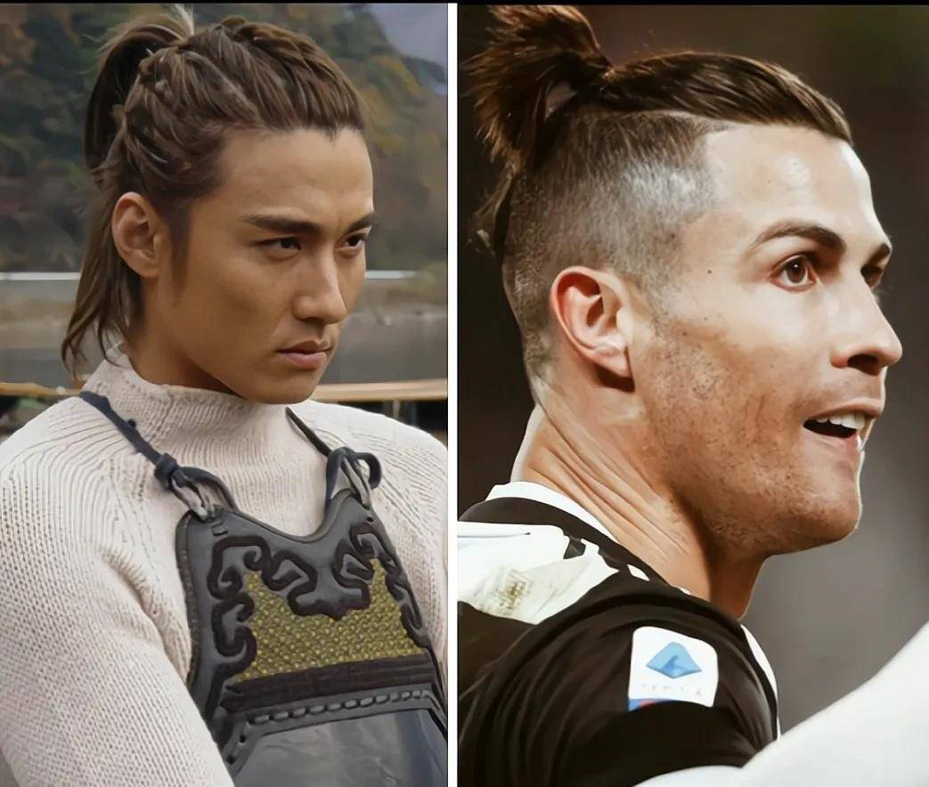 可能踢足球还化妆了,但他直接把头发留长,在头顶上还扎了一个小丸子头