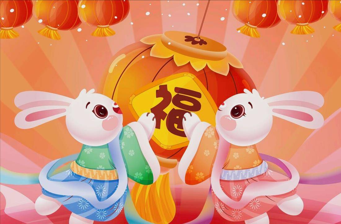 2023年初五,五财神爷来招财,玉兔抱福放烟花,五福来拜年_燃放烟花_送