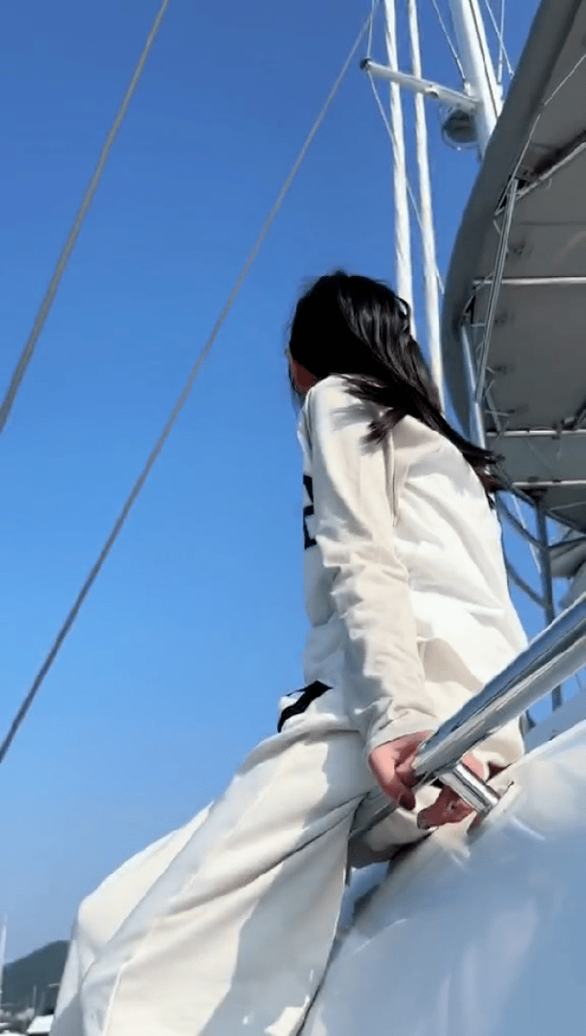 她疑似坐在了游轮的栏杆上,抬着头望向远方.