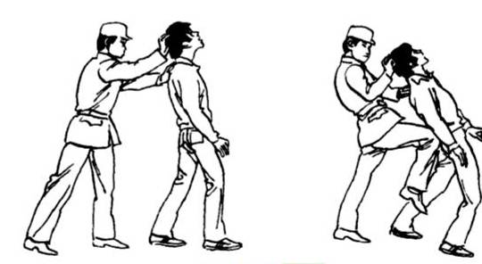 从敌方背后偷袭,用右脚向前猛踹敌方右腿膝窝(图6-1);六,踹膝锁喉2,上