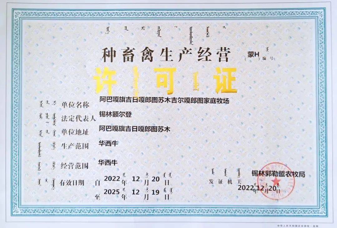 额尔登收到了由锡林郭勒盟农牧局制发的华西牛种畜禽生产经营许可证