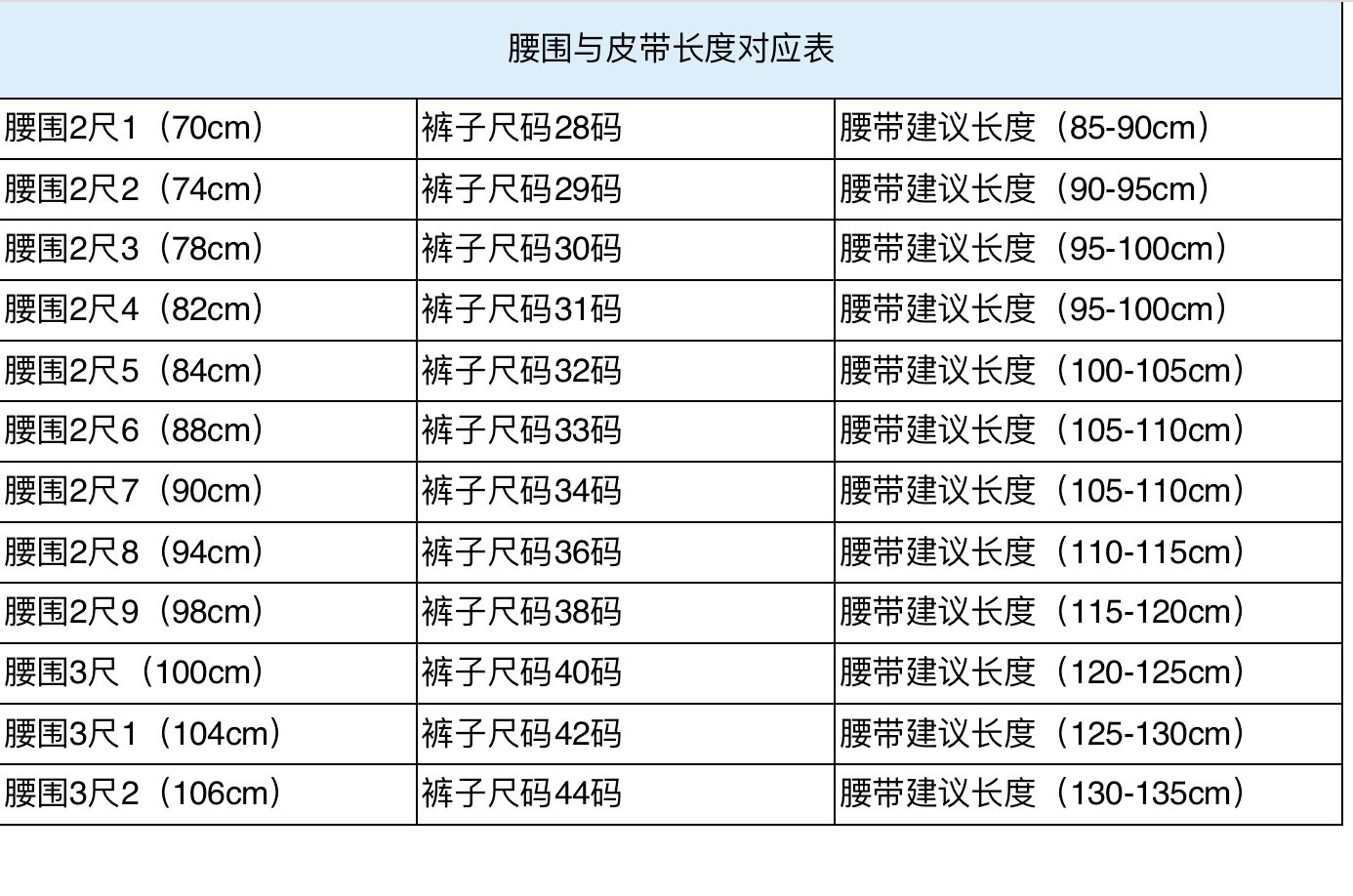 男士皮带长度对照表图片