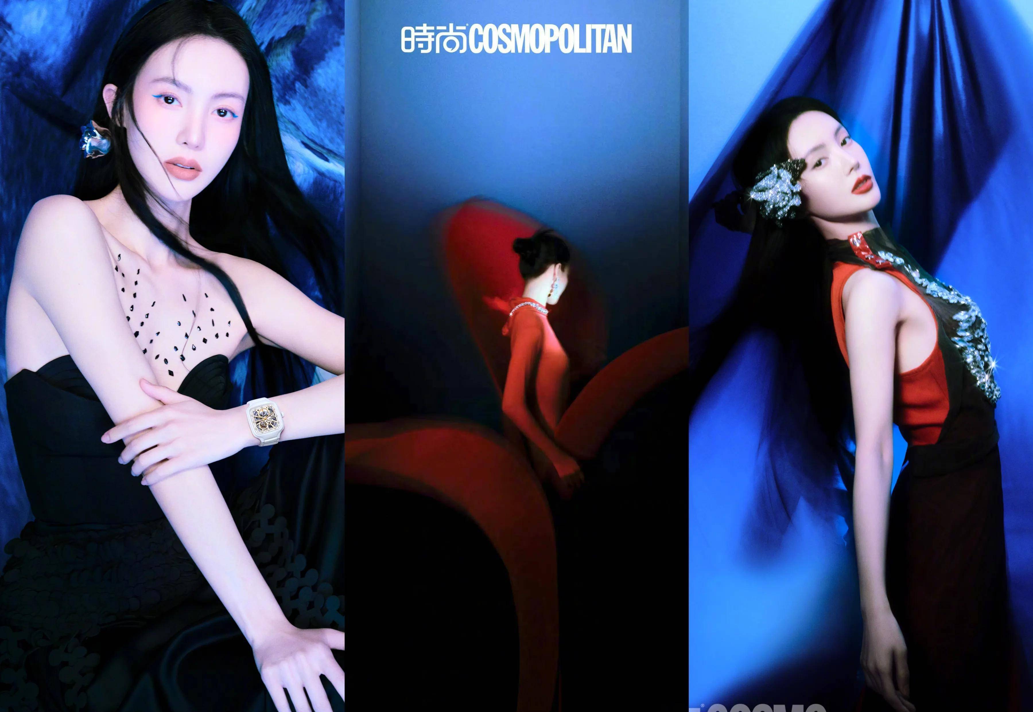 封面上,金晨盘起头发,烈焰红唇,红色紧身衣,搭配国内设计师的红色叶片