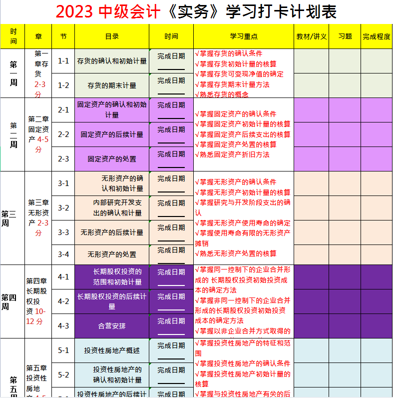 【备考必备】23年中级会计三科学习计划表,专治懒惰_在职_基础_考点