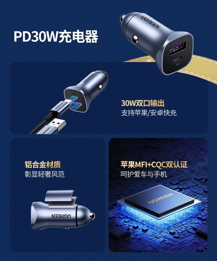30w 1a1c 车载充电器,车载支架,安全逃生锤四款产品,并配有蓝黑色的