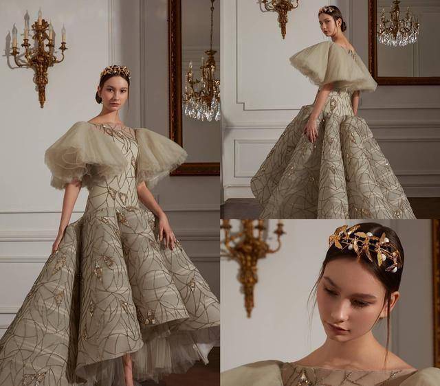 浪漫shahiralasheen高定婚纱礼服:奢华大裙摆,奢华宫廷风_金色_设计