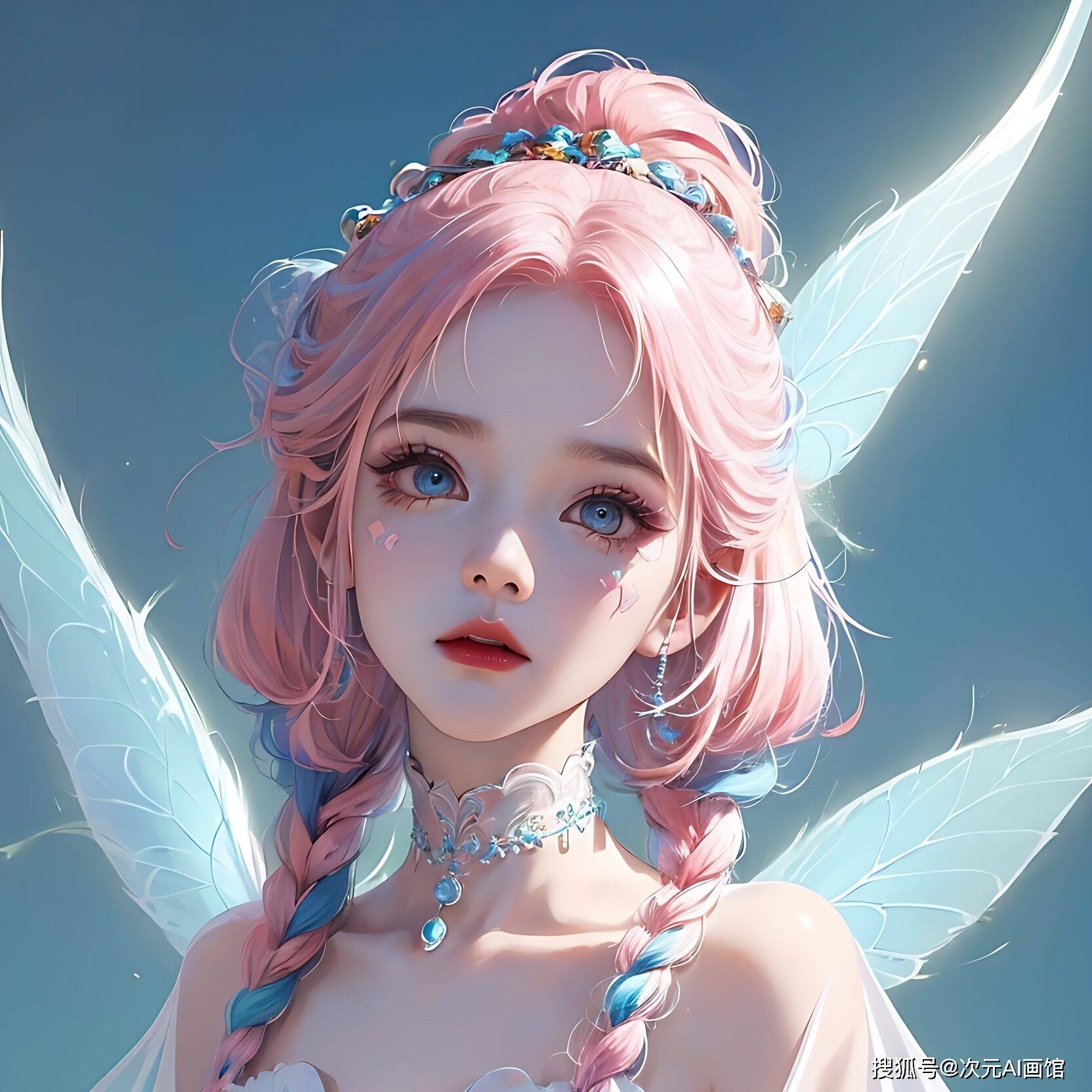 5),比例:1:1英文:the white-haired woman wears a gorgeous blue