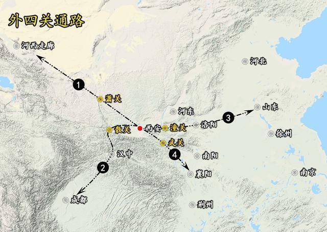 蕭關:可通達西北邊塞散關:可通達四川盆地潼關:可通達中原腹地武關:可