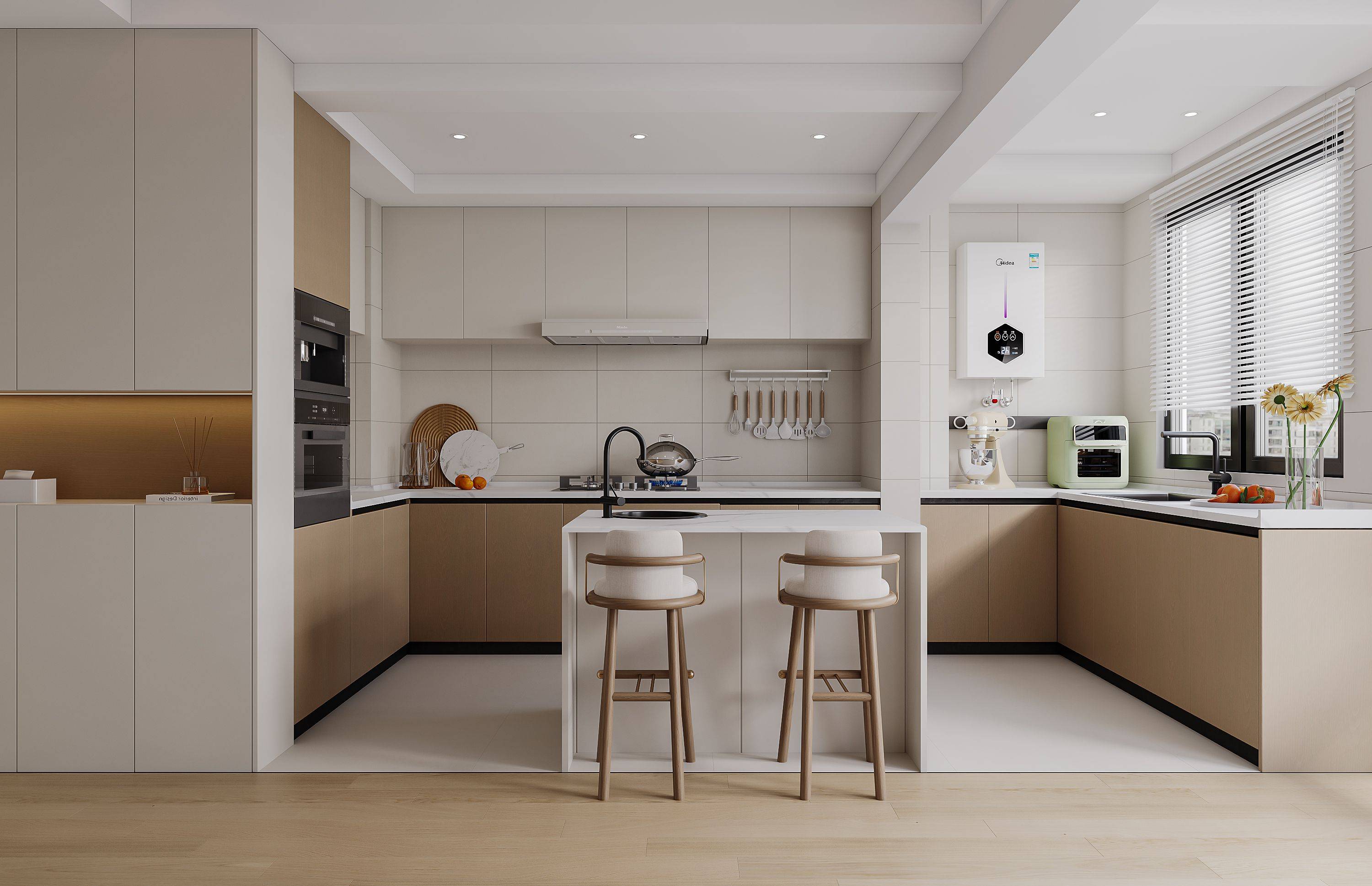 开放式厨房是近些年来十分流行的厨房设计,将厨房与公共空间融为一体