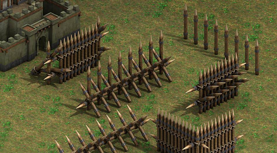 你可以调动士兵,取点木头,用简单的工具就可以做好多拒马桩,放在城外