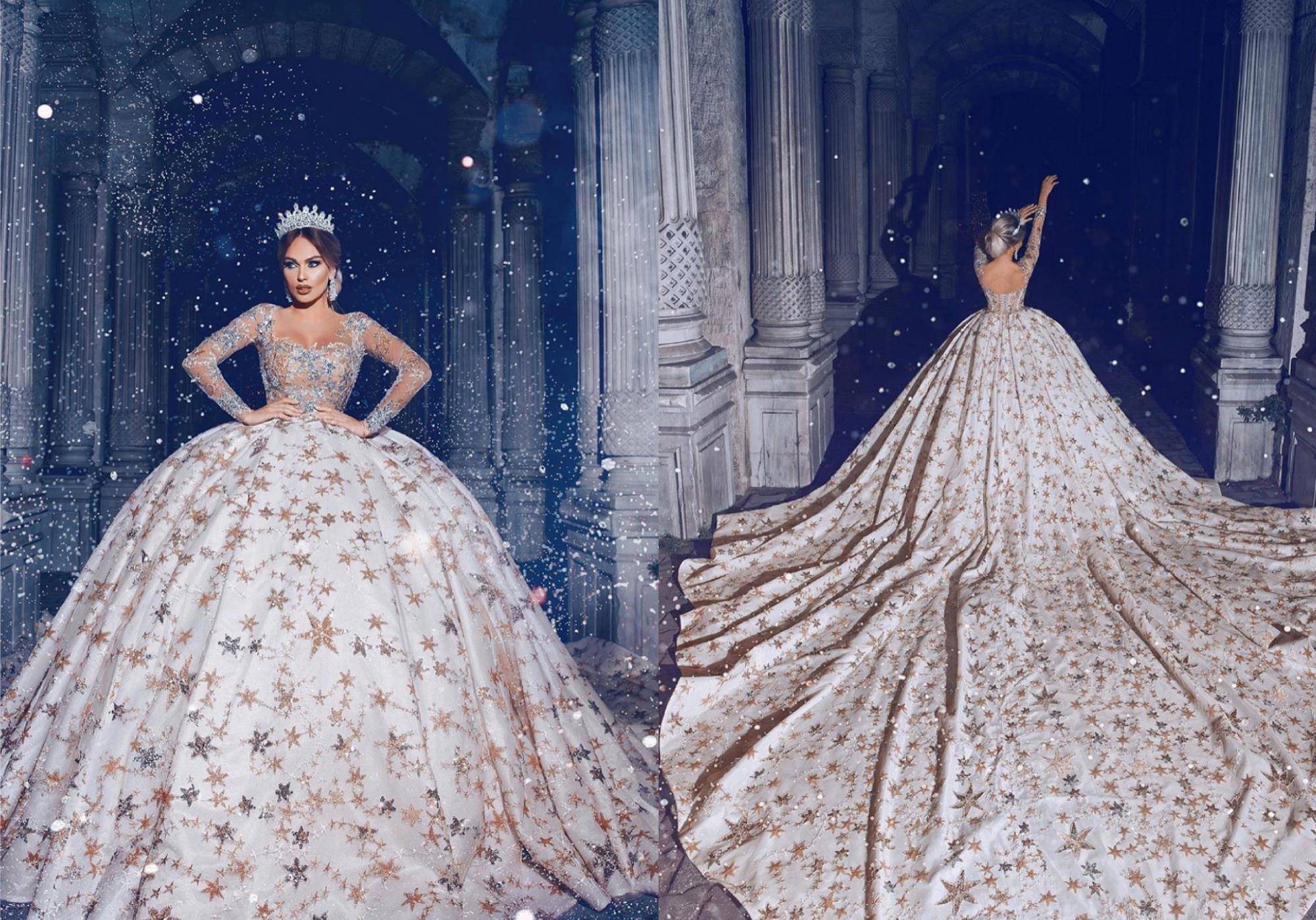 雪夜中华贵无比的高定婚纱礼服:金色星空交织裙摆,城堡中的公主_设计