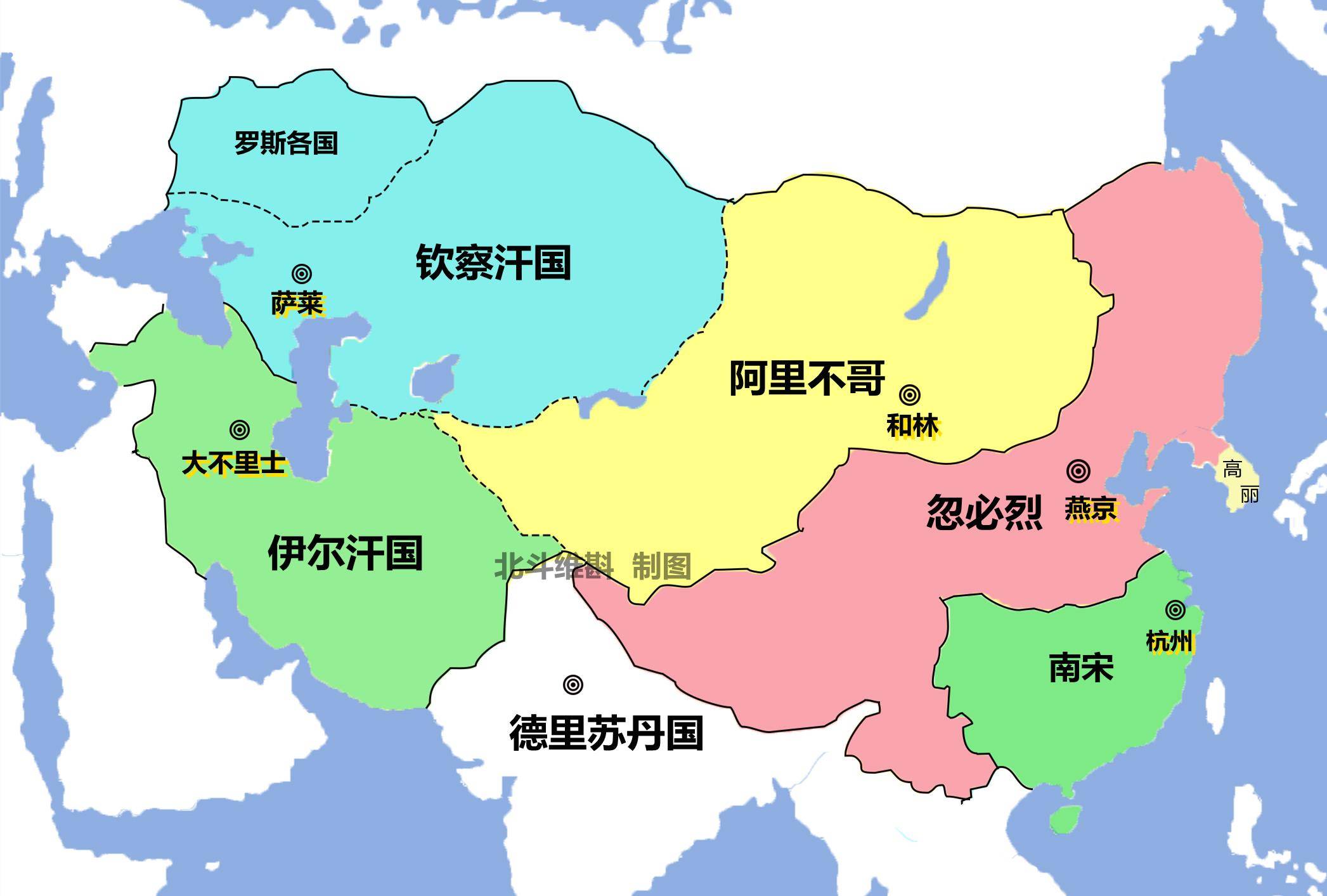 汗位之争时期的蒙古阿里不哥失败后,忽必烈和别儿哥(拔都之子),旭烈兀