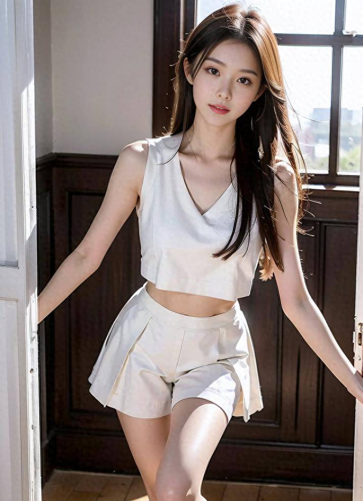 高端美照,帅气的长腿美女身穿白色无袖t恤和白色短裤_阳光_显得_窗户