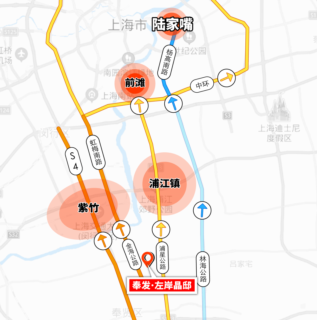 還有大葉公路轉滬金高速往老閔行方向,東邊有浦星公路往北到浦江,經