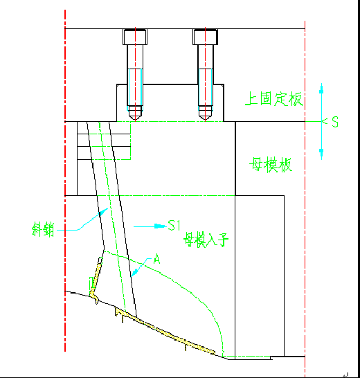 從而通過燕尾槽拖動斜銷后退,斜銷在固定于母模仁上的鉤槽中滑動,它只