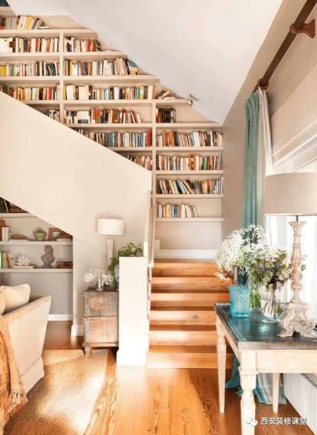 家里的阅读角如图原木的楼梯设计,利用楼梯侧墙实现一面墙的书架定制