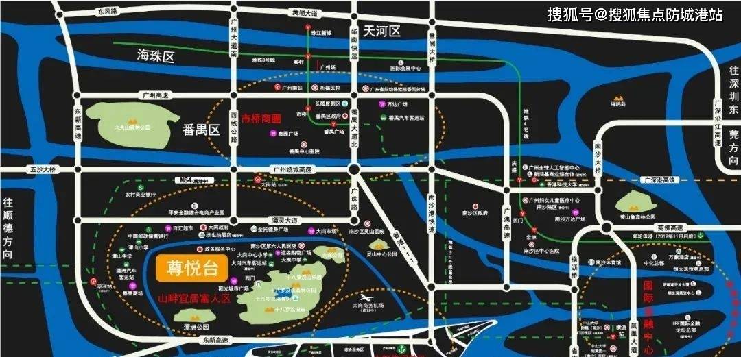 區域內有 16 條公共交 通路線,連接南沙城區,萬頃沙,欖核鎮,慶盛 高鐵