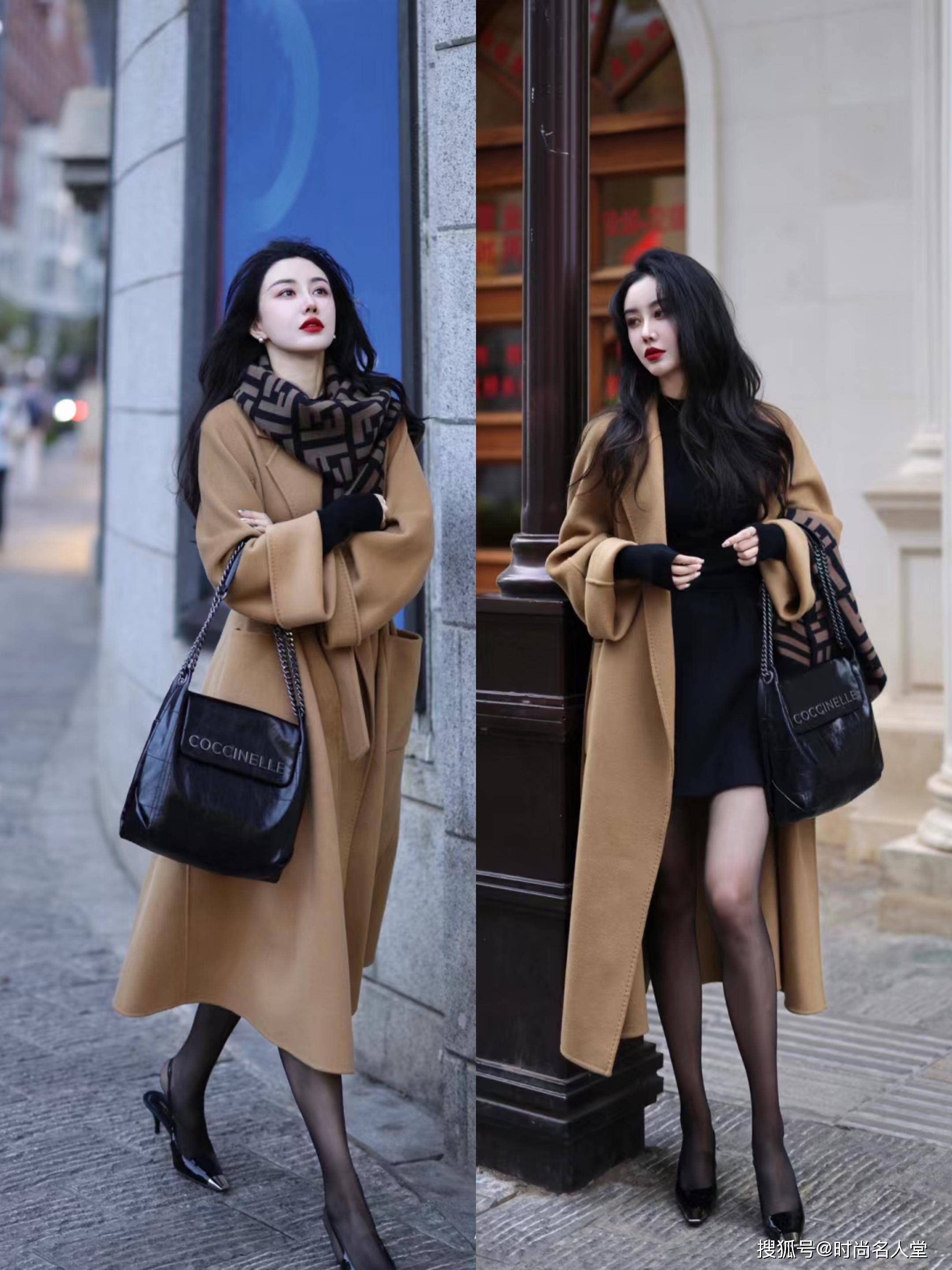 黑色大衣搭配白色衬衫和深色牛仔裤,展现出经典的成熟魅力;而卡其色