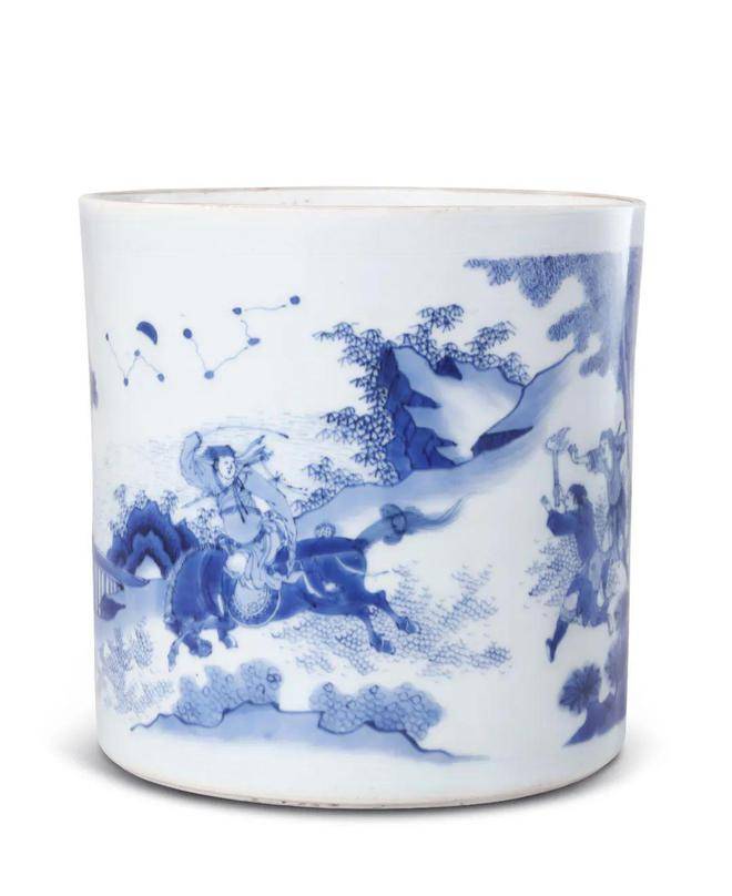 明崇祯 青花萧何月下追韩信大笔筒h:20.