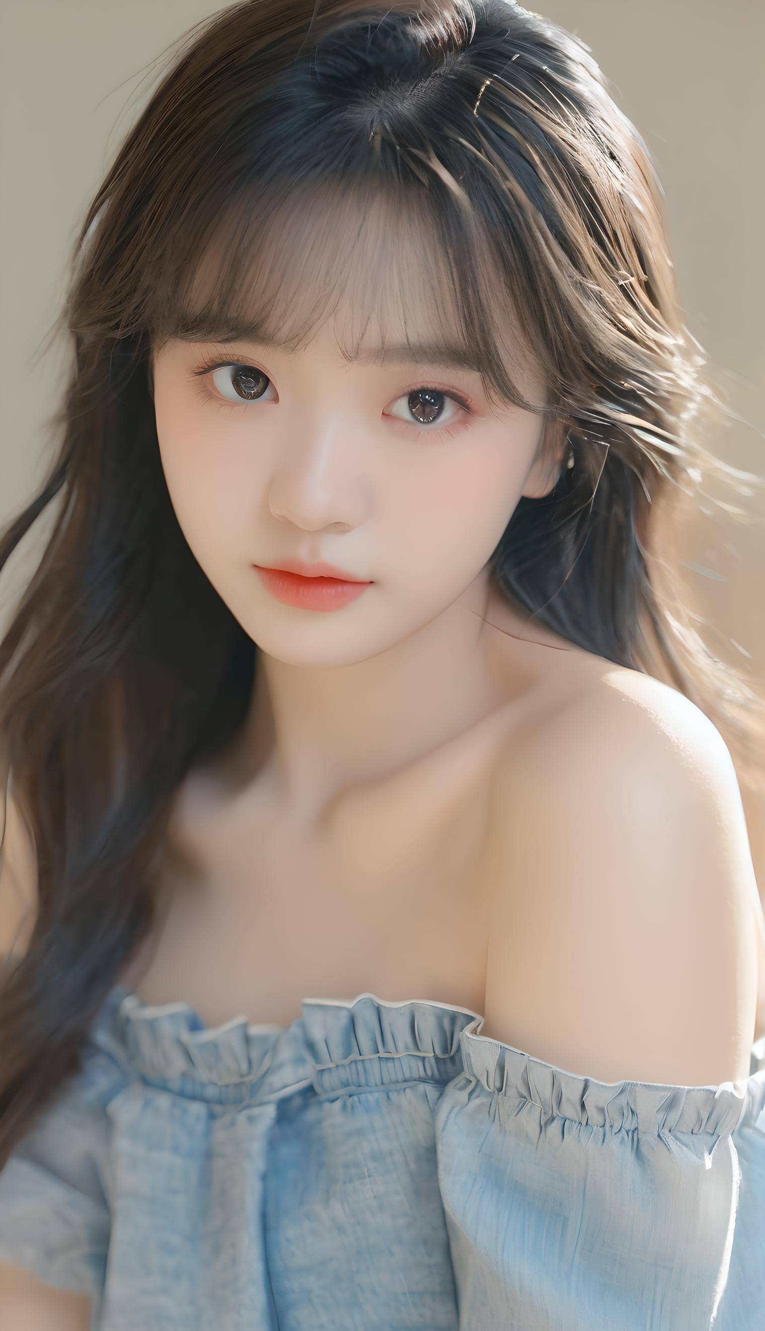 ai画美:长发蓝肩纱裙如初恋的美女_穿着_蓝色_双腿