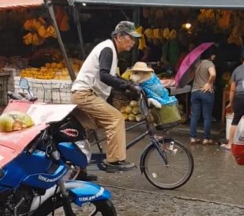 突然下雨了，老爷爷给狗狗戴帽子，老爷爷：可不能淋湿了！ 