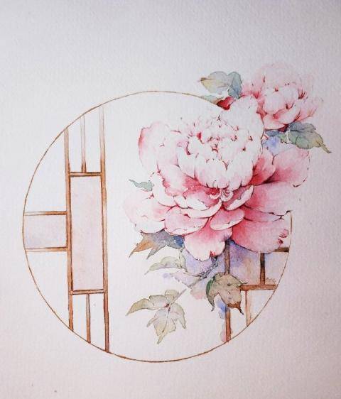 清新的古风水彩插画