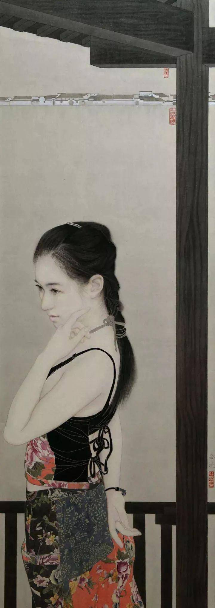 范春晓的工笔画人物创作中, 以捕捉现代女性人物的个性心理特征为着力