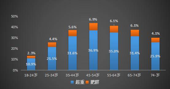 不同年龄段人群超重和肥胖比例