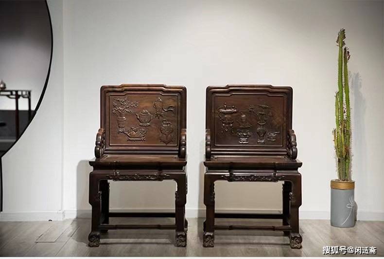 周正古朴清代红木博古纹背屏式靠背椅