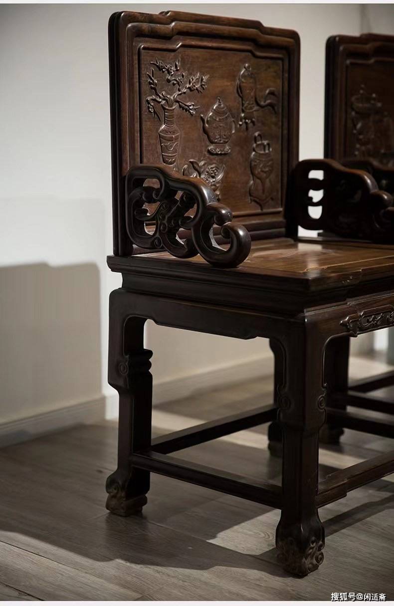 周正古朴清代红木博古纹背屏式靠背椅