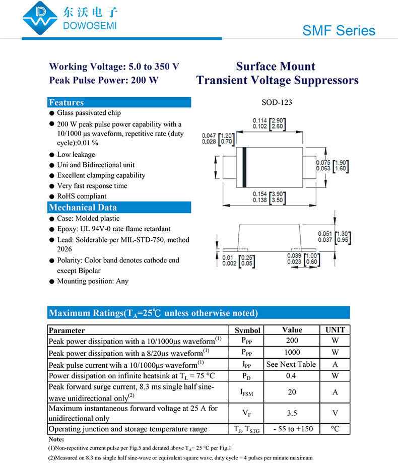 sod123封装tvs瞬态抑制二极管型号