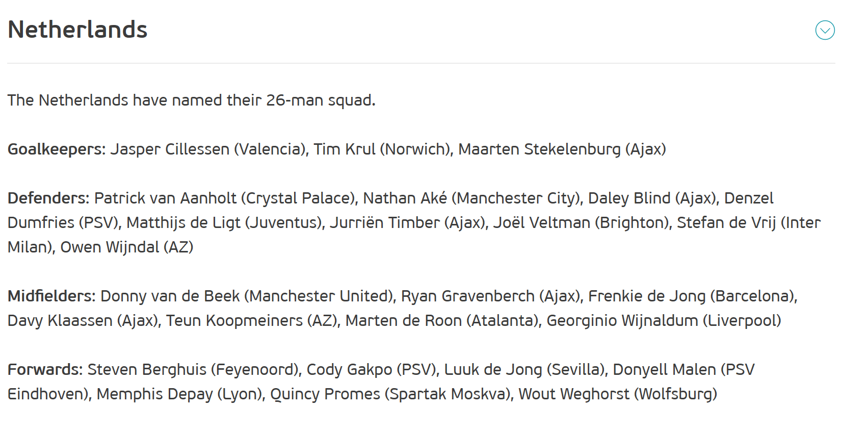 荷兰更新欧洲杯大名单：缩减至26人 贝尔温落选_阿贾克斯