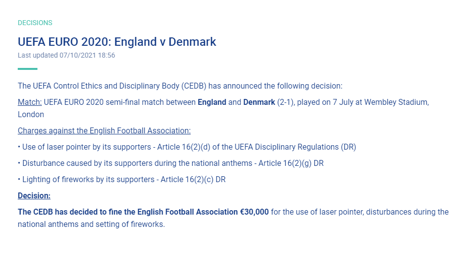 欧足联官方：因球迷激光笔事件 对英足总罚款3万欧_英格兰