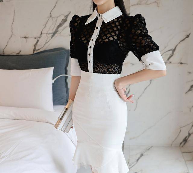 蝴蝶|孙允珠韩版黑蝴蝶网格透丽衬衫配搭白色端庄高腰鱼尾裙网拍