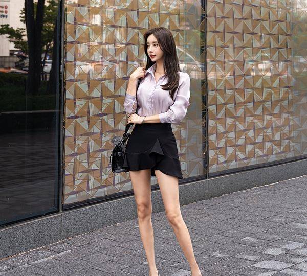 黑色|韩国模特孙允珠韩版夏日轻盈紫芋色修身时尚OL通勤衬衫网拍