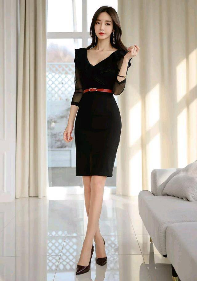 职业|女神孙允珠高清时尚搭配：黑色雨荷层叠嫣红系带职业裙