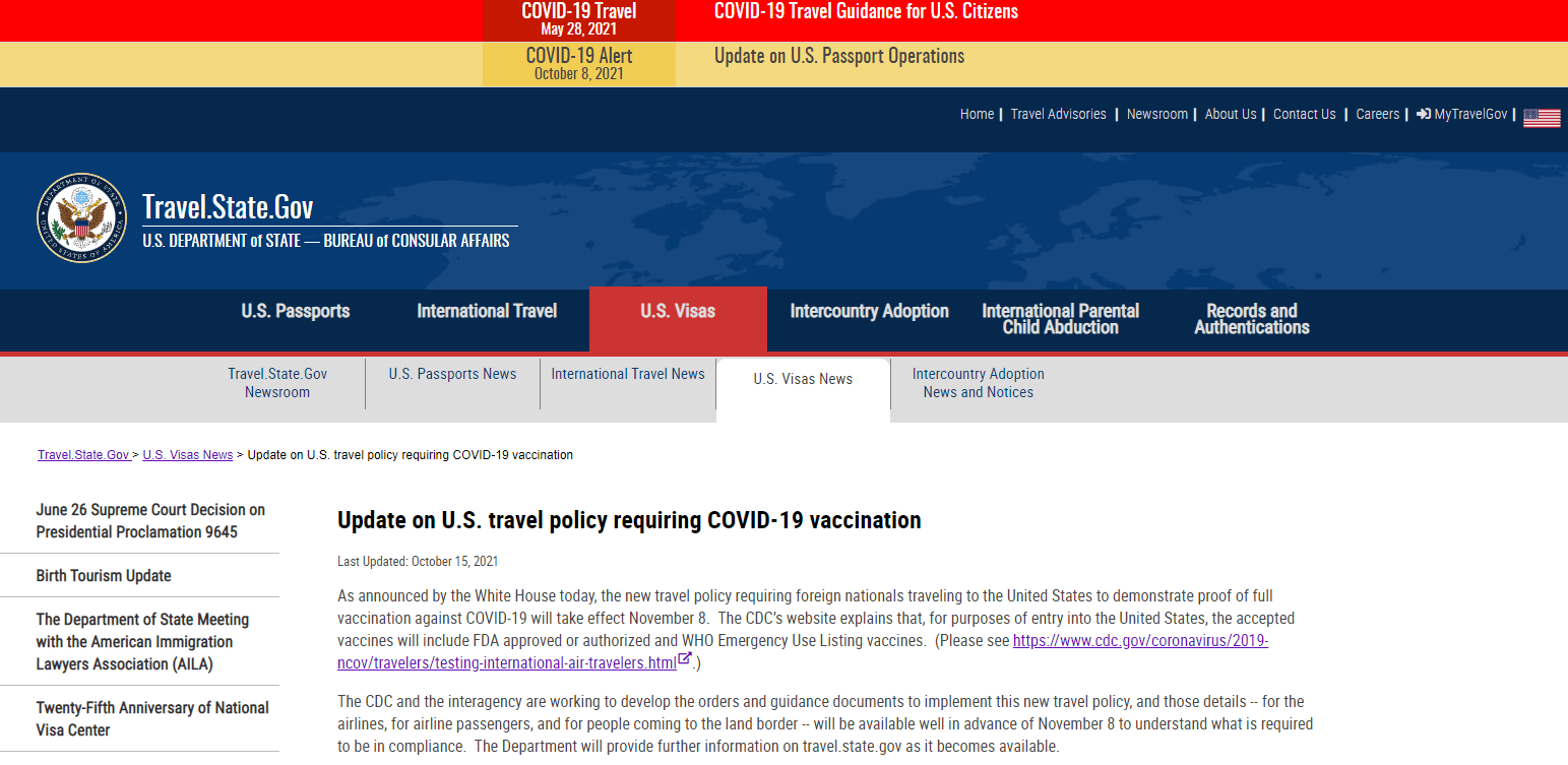 11月8日起 完全接种新冠疫苗的外国旅客可入境美国 无需隔离 中国 新闻时间