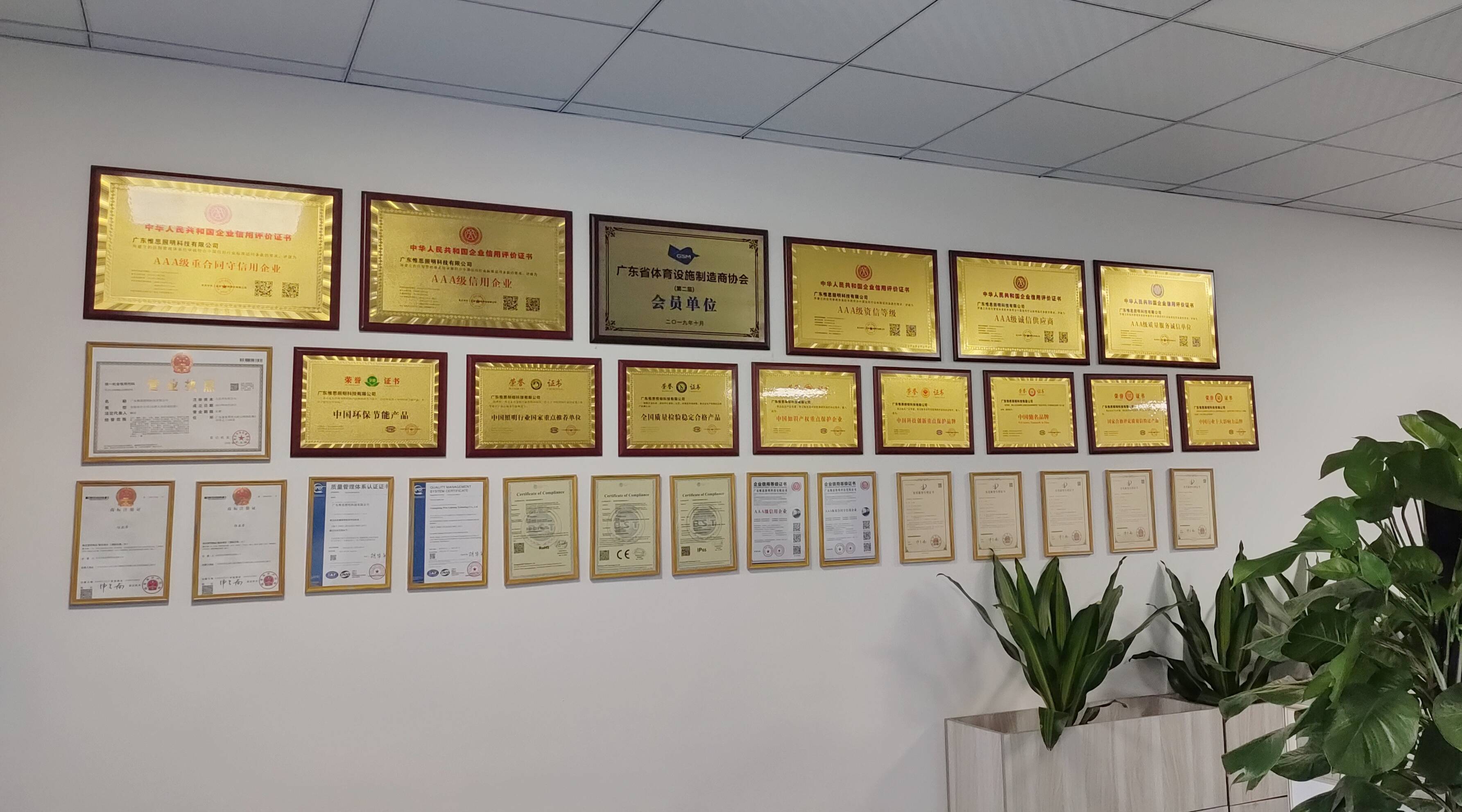 惟亚蒂资质荣誉墙未来,惟亚蒂将继续加大led球场照明灯具在智慧照明