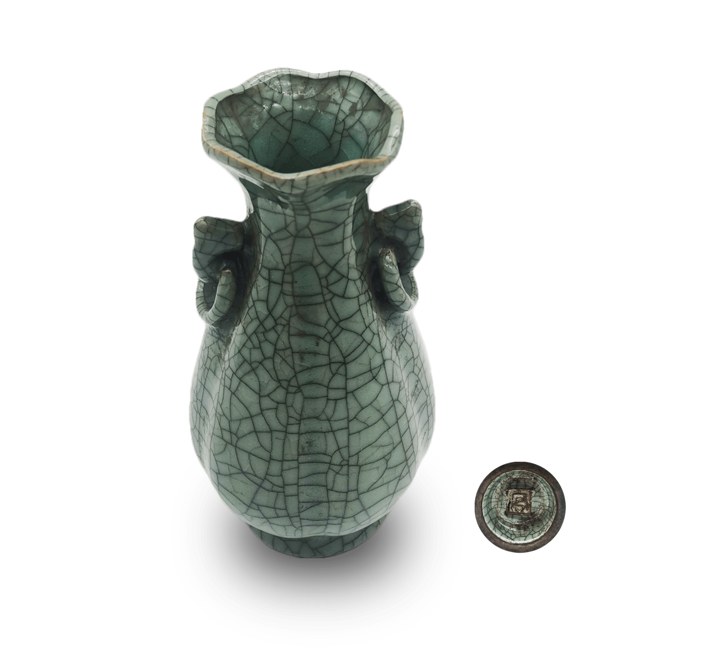 宋官窑开片橘黄釉双耳多棱花瓶 陶磁器 現代工芸品 美術品 置物