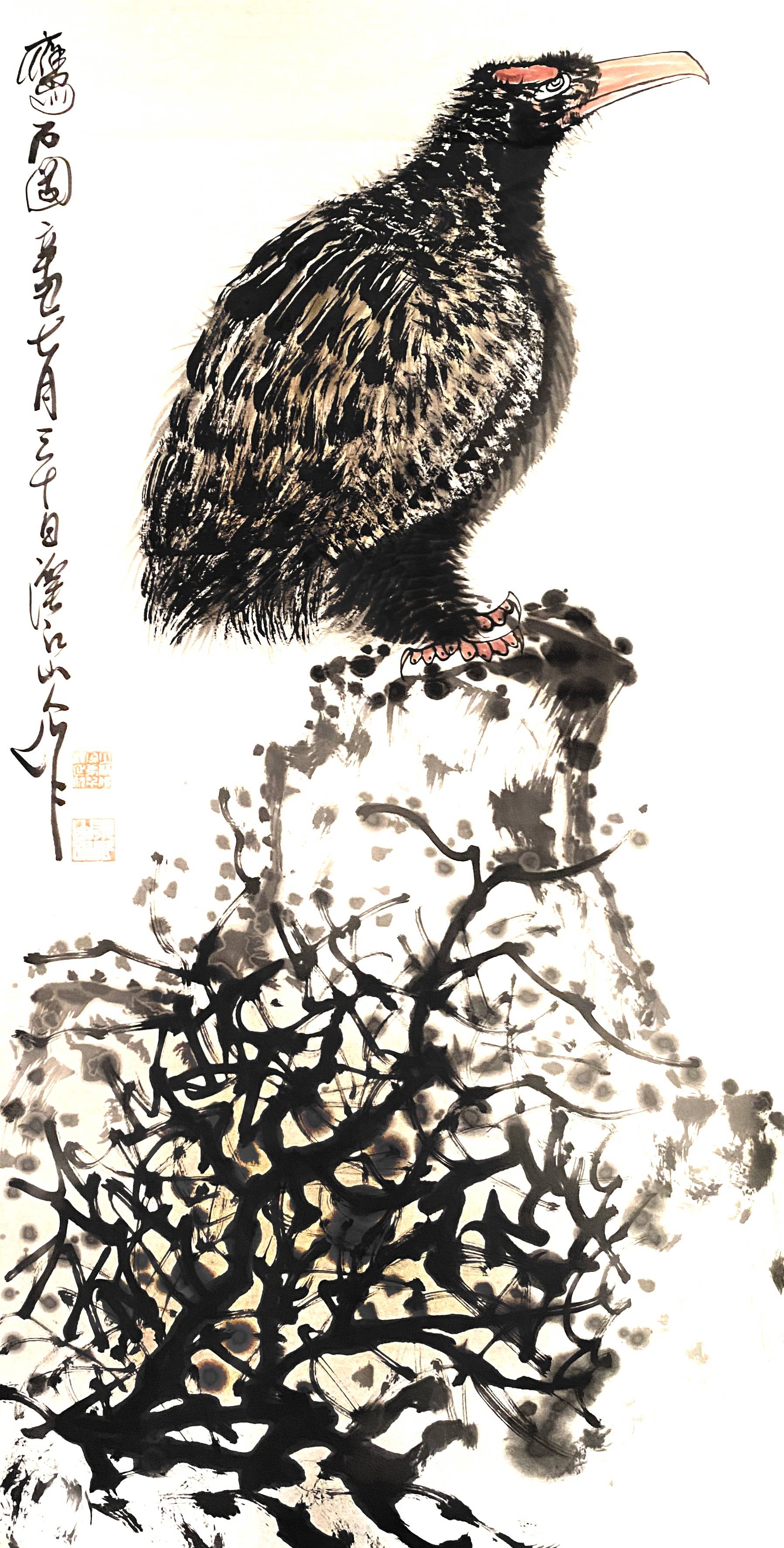 中国当代画鹰大师朱祖国《鹰石图》在上海嘉禾秋拍现场大受欢迎_创作