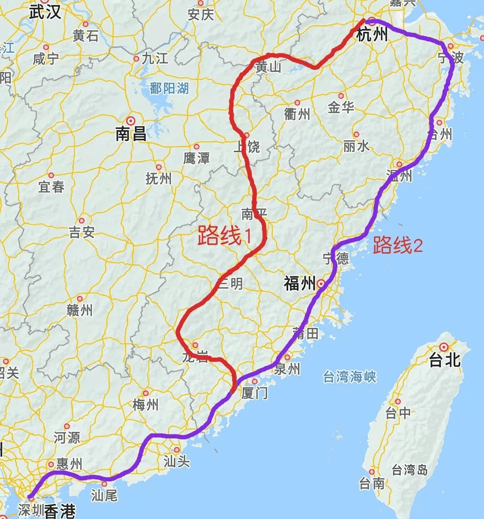 杭州至深圳高铁有两条通道分别为内陆通道以及沿海通道