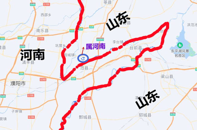 好似黄河冲开的一个大口子,河南的范县和台前县深深嵌入在山东的地图