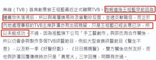 王祖蓝正式离任TVB首席创意官 上任仅一年时间
