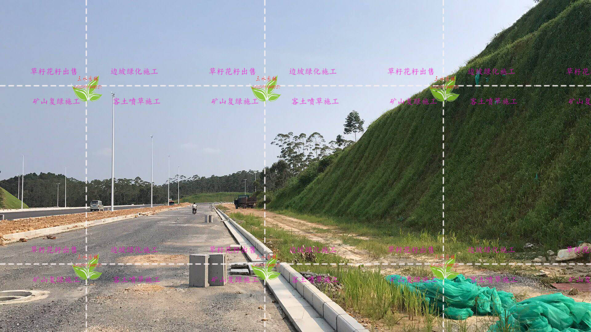 矿山复绿客土喷草路基护坡挂网喷浆施工草籽花种三维网植草边坡喷草