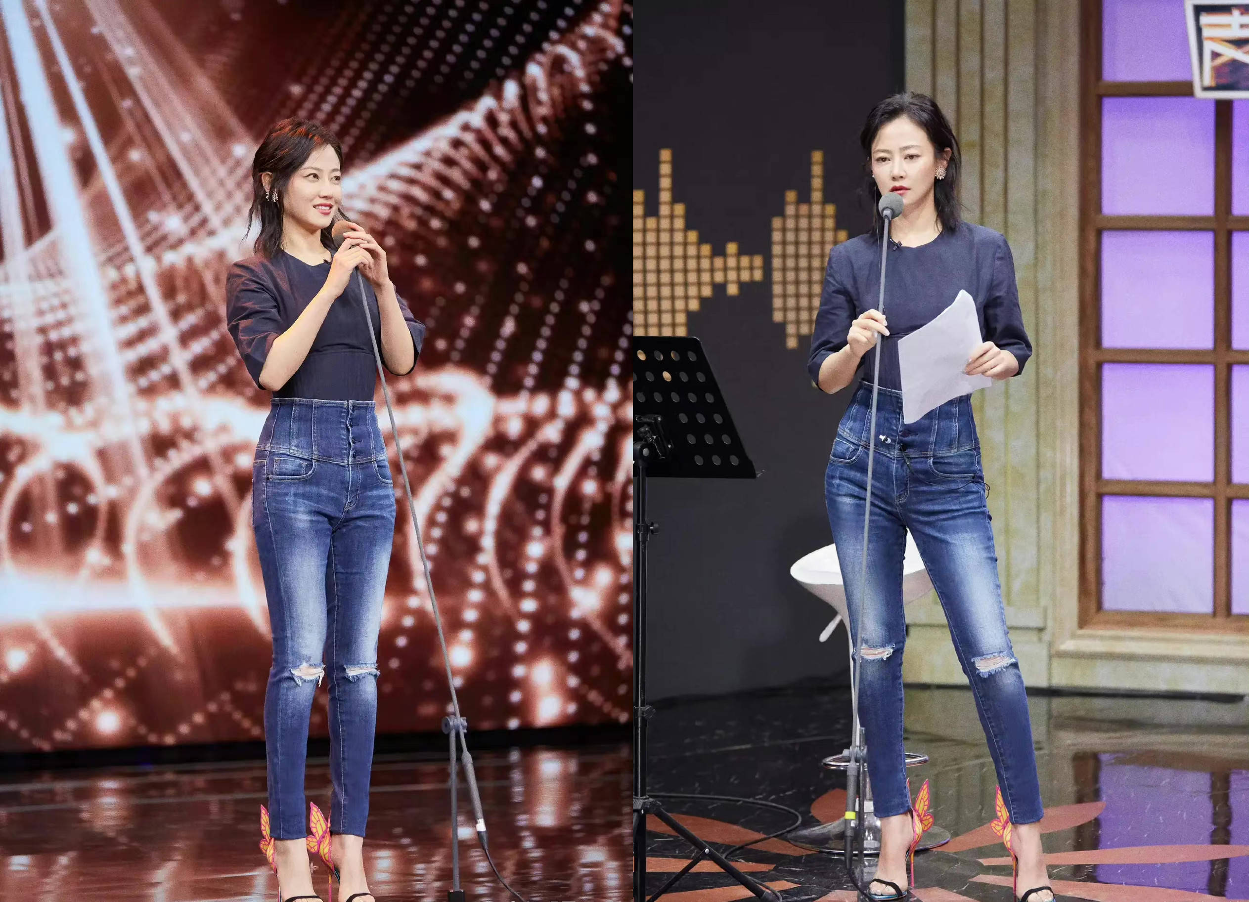 原创感觉谭卓也不咋瘦穿牛仔裤小肚子挺明显的但一身穿搭很时髦