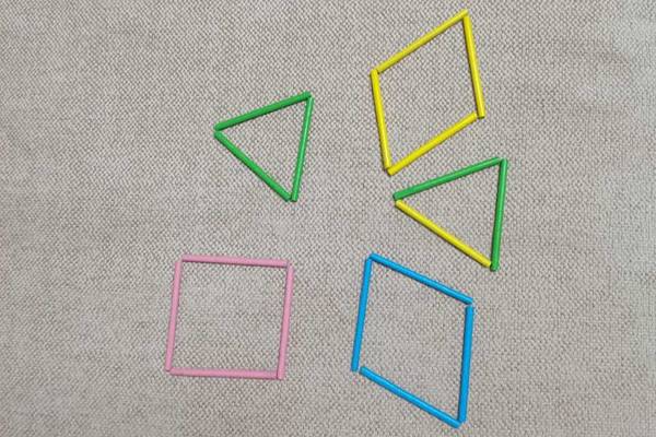 用小棒摆一摆,拼一拼三角形和四边形,看看你能够拼出几种不同的图形?