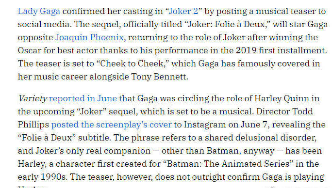 计划今年12月开拍 LadyGaga确认出演《小丑2》