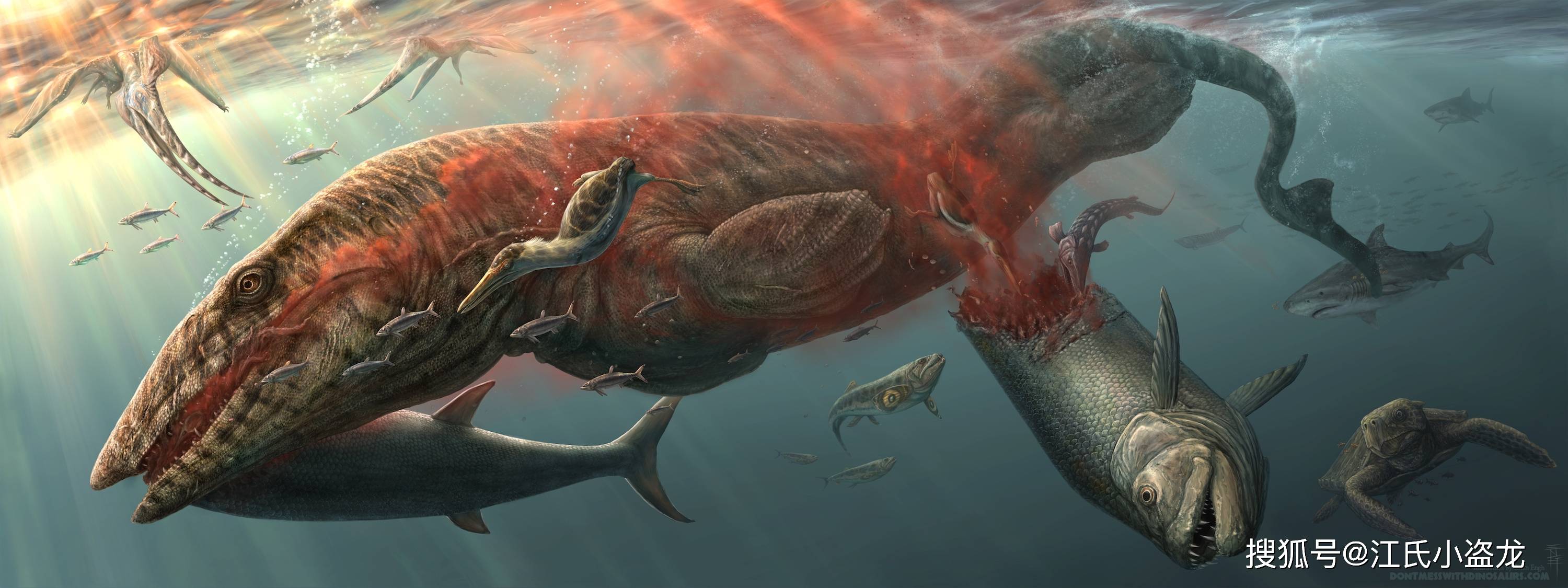 复原图整体上表现了残暴的海王龙捕食的场景,被它杀