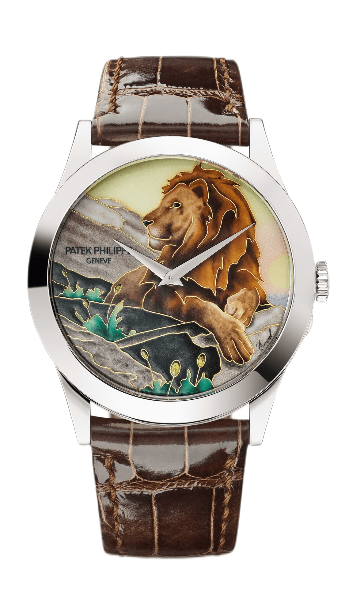 表盘全部采用掐丝珐琅,这套作品历经长达400小时的工序加工完成,整套